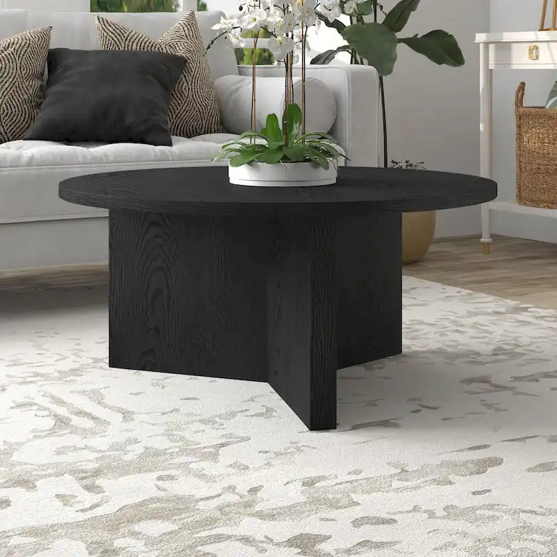 Table basse ronde, grain noir / chêne gris vieilli / aulne blanc, piètement en X, pour 1 personne