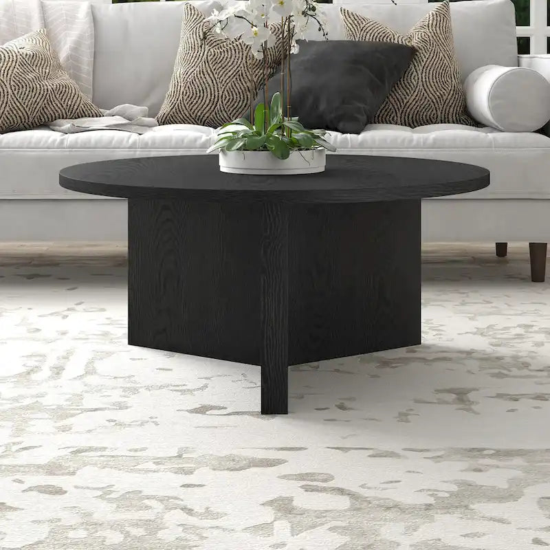 Table basse ronde, grain noir / chêne gris vieilli / aulne blanc, piètement en X, pour 1 personne