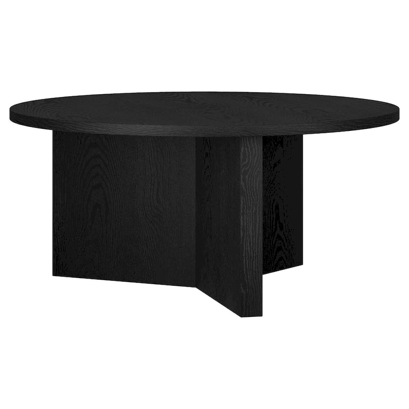 Table basse ronde, grain noir / chêne gris vieilli / aulne blanc, piètement en X, pour 1 personne