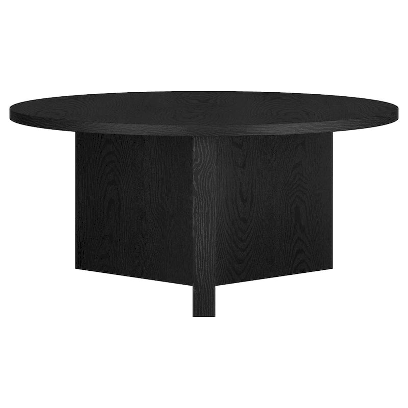 Table basse ronde, grain noir / chêne gris vieilli / aulne blanc, piètement en X, pour 1 personne