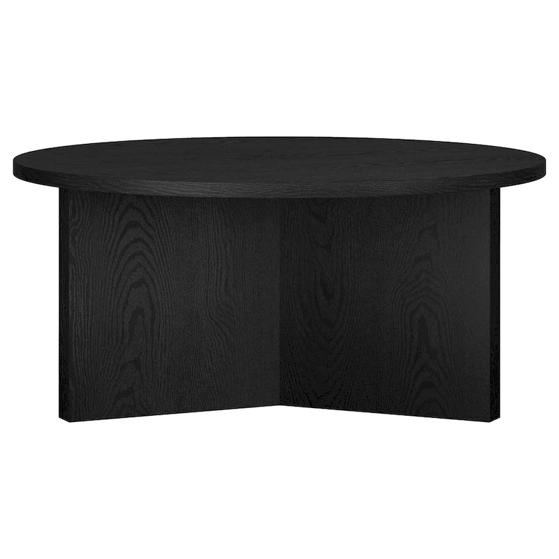 Table basse ronde, grain noir / chêne gris vieilli / aulne blanc, piètement en X, pour 1 personne