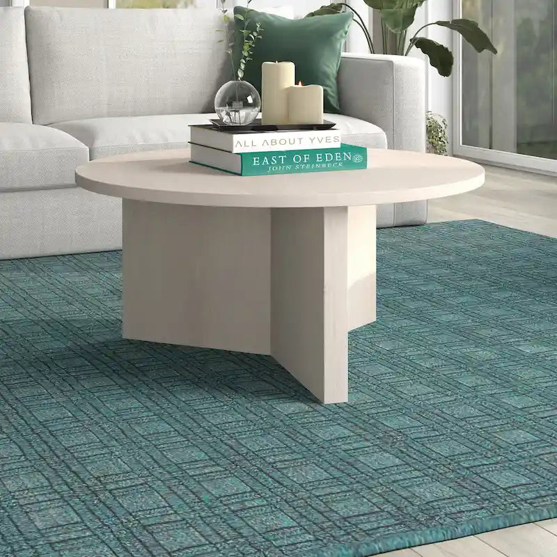 Table basse ronde, grain noir / chêne gris vieilli / aulne blanc, piètement en X, pour 1 personne