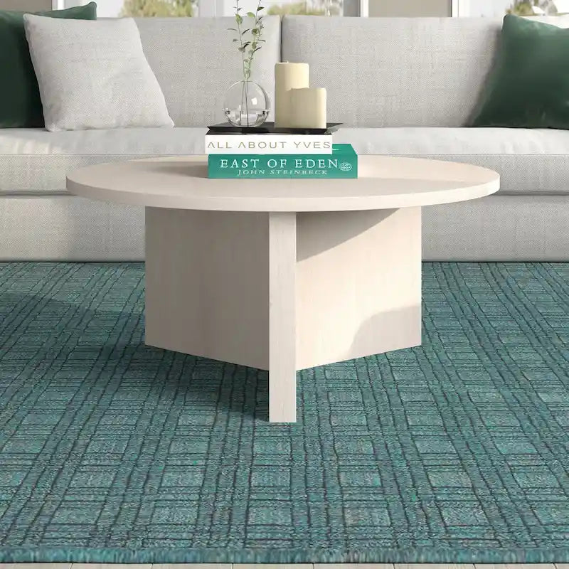 Table basse ronde, grain noir / chêne gris vieilli / aulne blanc, piètement en X, pour 1 personne