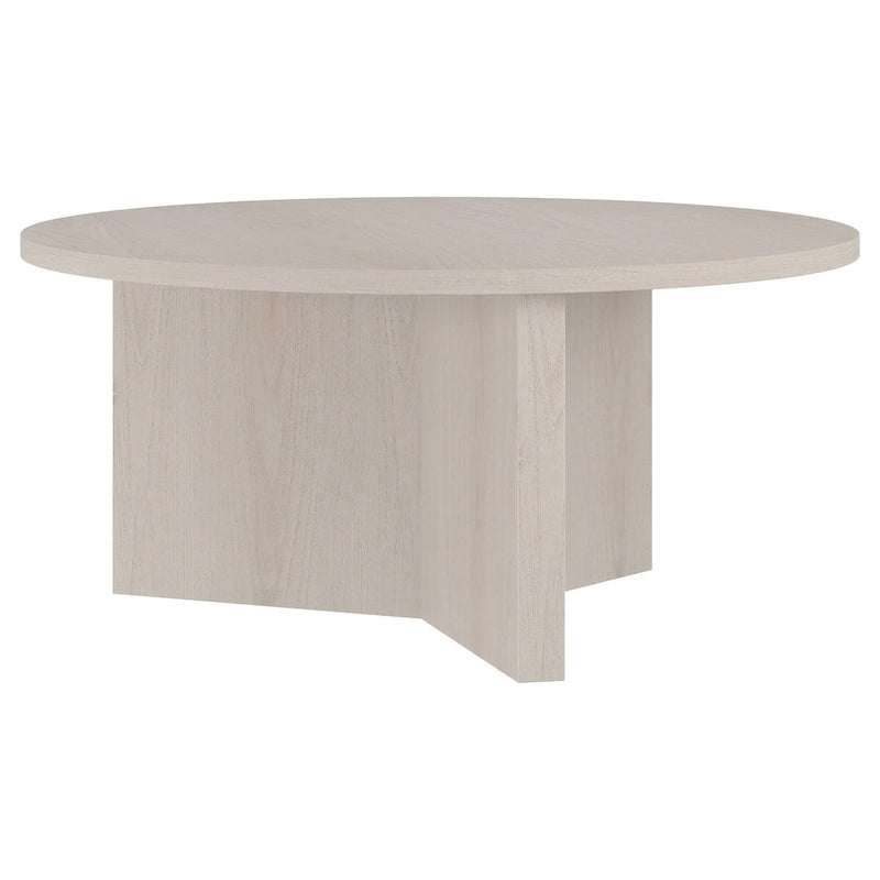 Table basse ronde, grain noir / chêne gris vieilli / aulne blanc, piètement en X, pour 1 personne
