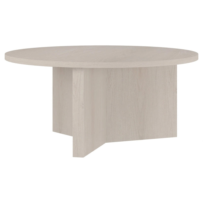 Table basse ronde, grain noir / chêne gris vieilli / aulne blanc, piètement en X, pour 1 personne