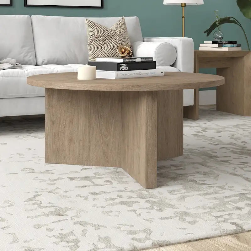 Table basse ronde, grain noir / chêne gris vieilli / aulne blanc, piètement en X, pour 1 personne
