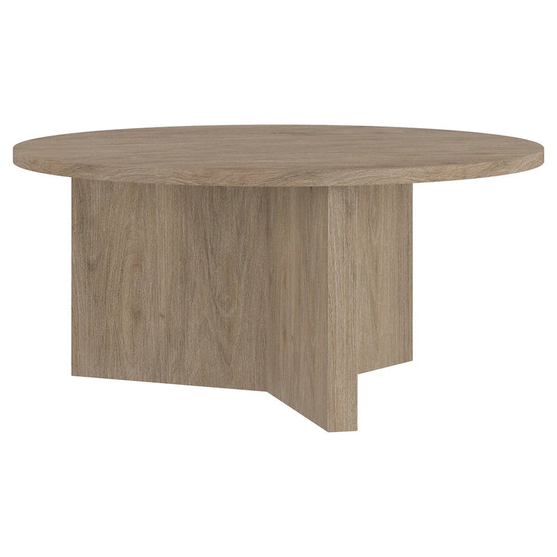 Table basse ronde, grain noir / chêne gris vieilli / aulne blanc, piètement en X, pour 1 personne