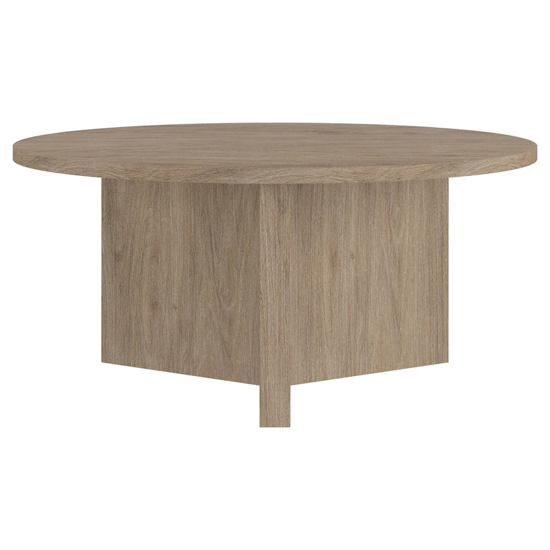 Table basse ronde, grain noir / chêne gris vieilli / aulne blanc, piètement en X, pour 1 personne