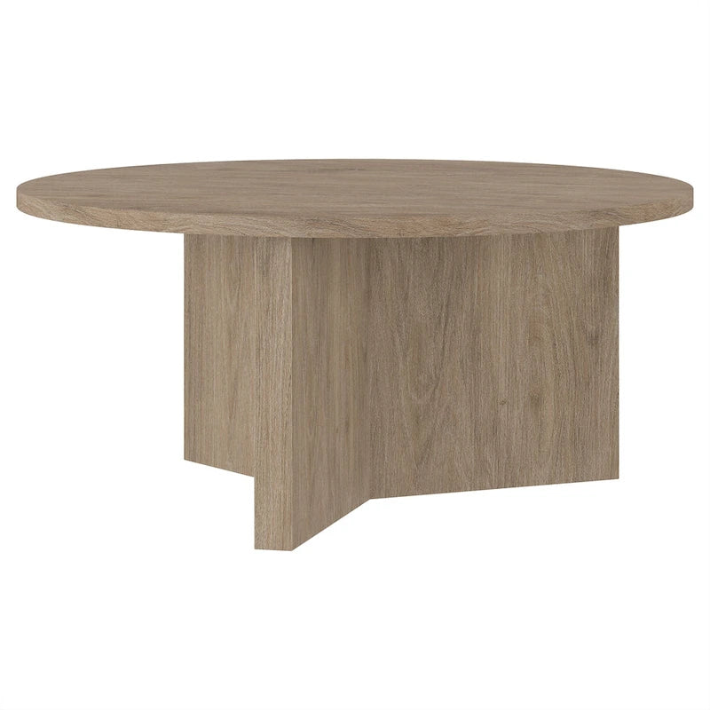 Table basse ronde, grain noir / chêne gris vieilli / aulne blanc, piètement en X, pour 1 personne