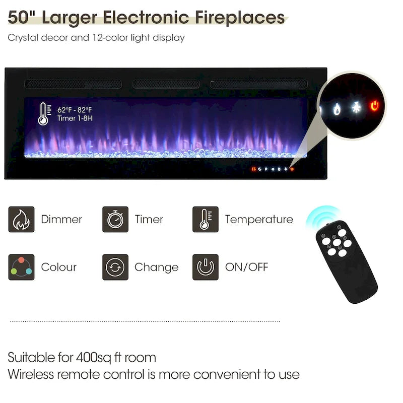 Meuble TV cheminée électrique noir 80", 2 armoires de rangement, compatible avec TV jusqu'à 75"