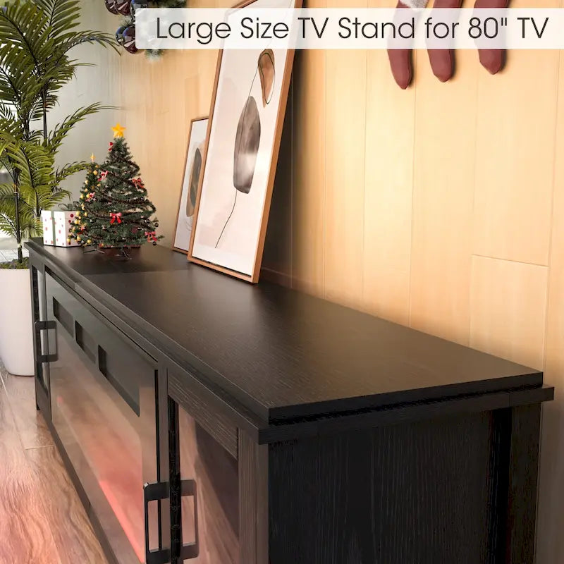 Meuble TV cheminée électrique noir 80", 2 armoires de rangement, compatible avec TV jusqu'à 75"