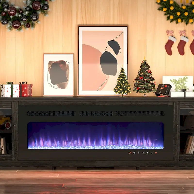 Meuble TV cheminée électrique noir 80", 2 armoires de rangement, compatible avec TV jusqu'à 75"