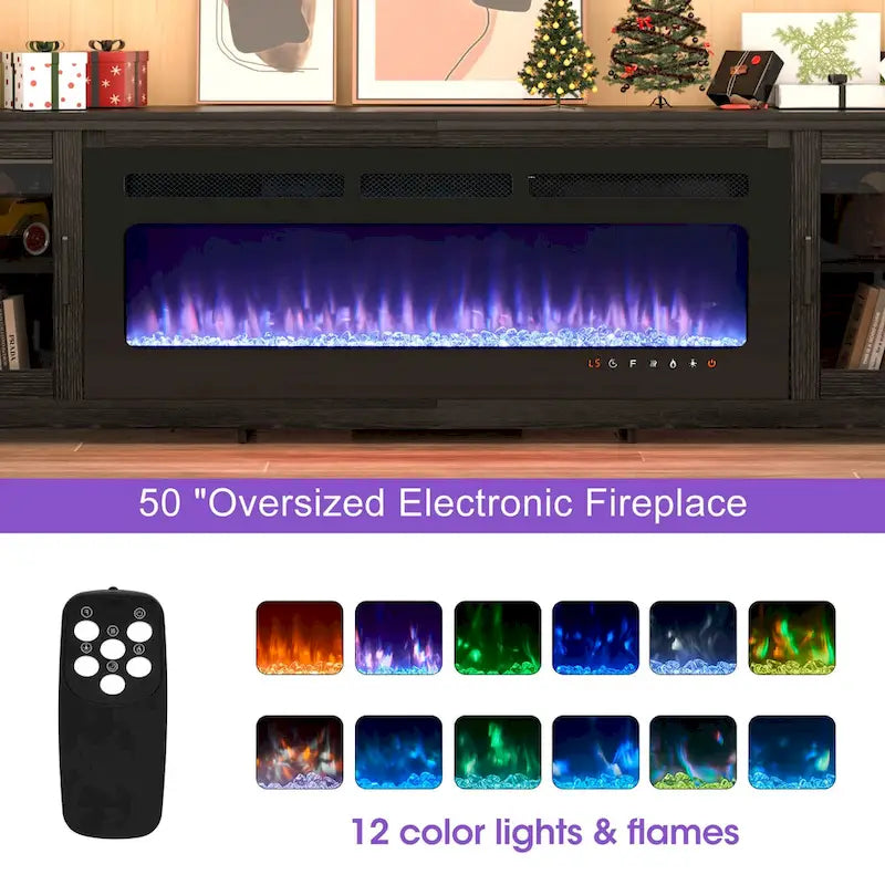 Meuble TV cheminée électrique noir 80", 2 armoires de rangement, compatible avec TV jusqu'à 75"