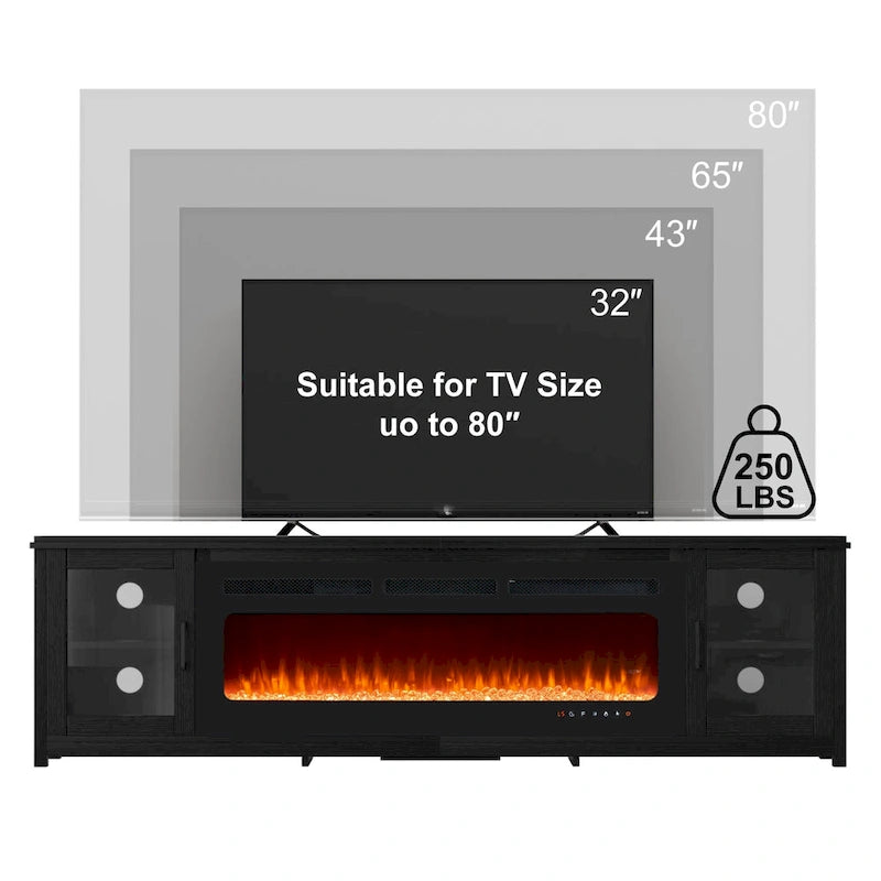 Meuble TV cheminée électrique noir 80", 2 armoires de rangement, compatible avec TV jusqu'à 75"