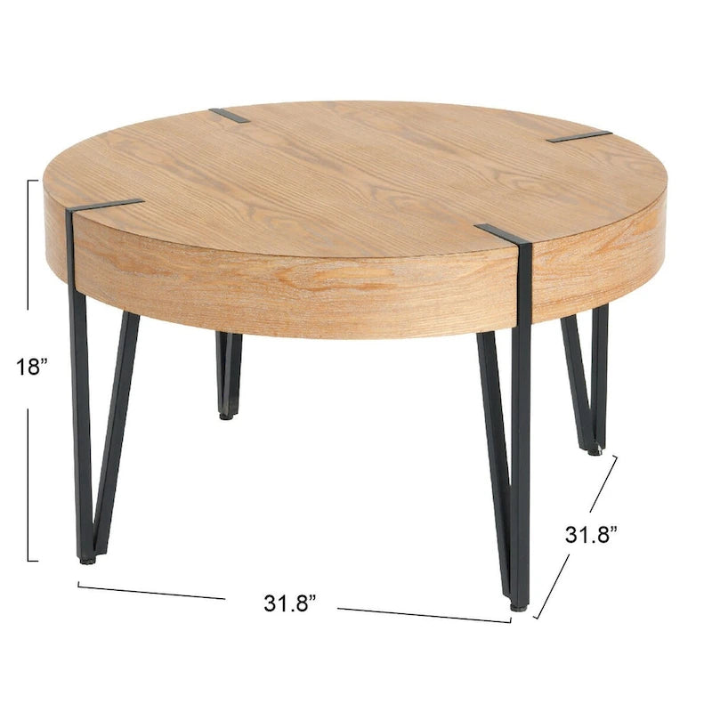 Table d'appoint ronde noire et naturelle avec pieds en métal noir