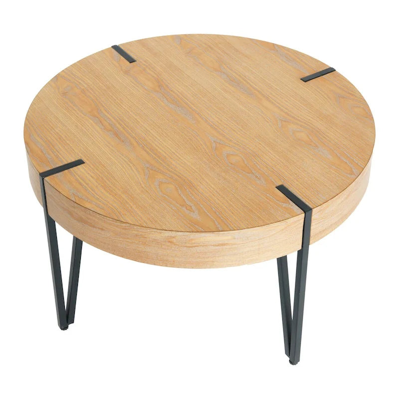 Table d'appoint ronde noire et naturelle avec pieds en métal noir