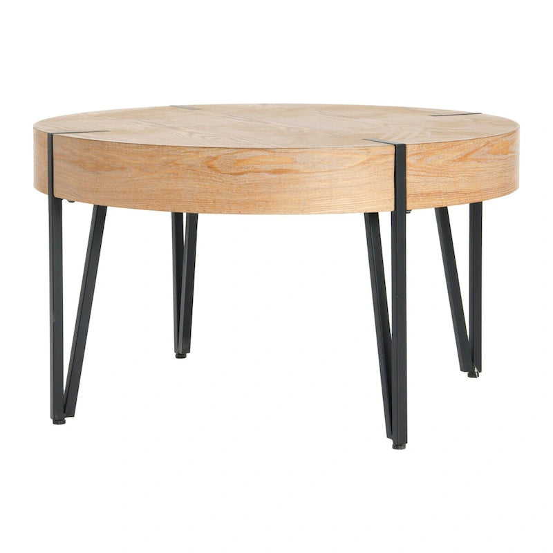 Table d'appoint ronde noire et naturelle avec pieds en métal noir