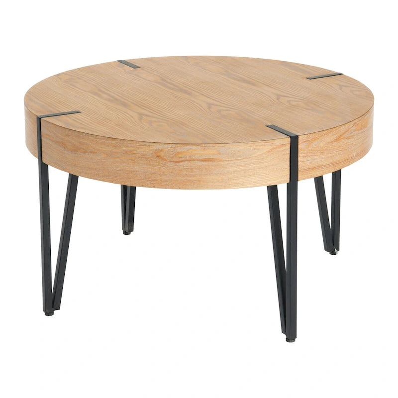 Table d'appoint ronde noire et naturelle avec pieds en métal noir
