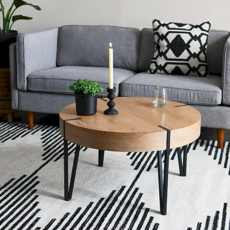 Table d'appoint ronde noire et naturelle avec pieds en métal noir