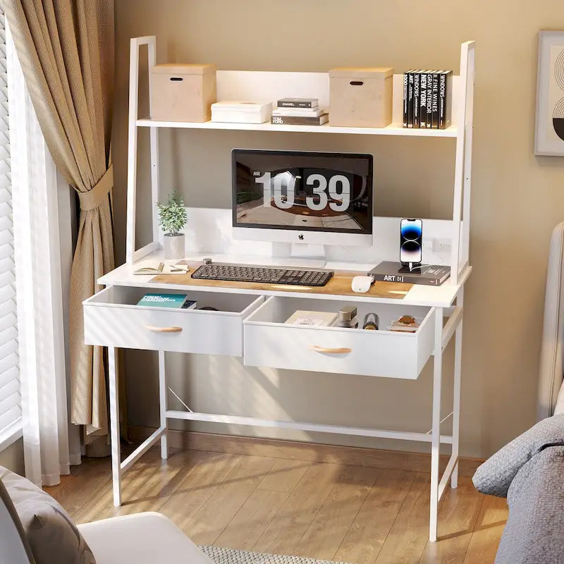 Bureau informatique marron/blanc avec prise de courant, étagère et 2 tiroirs – Simple