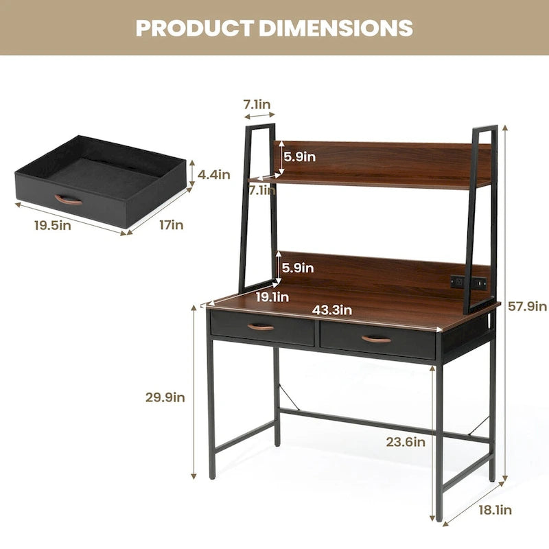 Bureau informatique marron/blanc avec prise de courant, étagère et 2 tiroirs – Simple