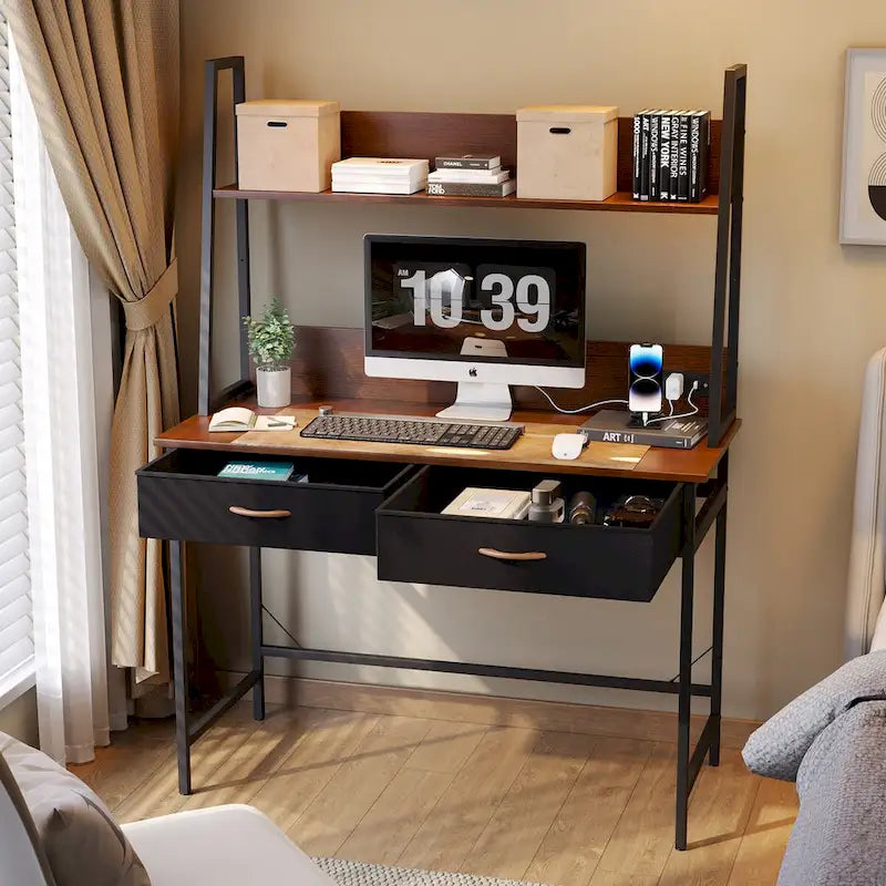 Bureau informatique marron/blanc avec prise de courant, étagère et 2 tiroirs – Simple