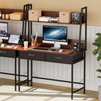 Bureau informatique marron/blanc avec prise de courant, étagère et 2 tiroirs – Simple