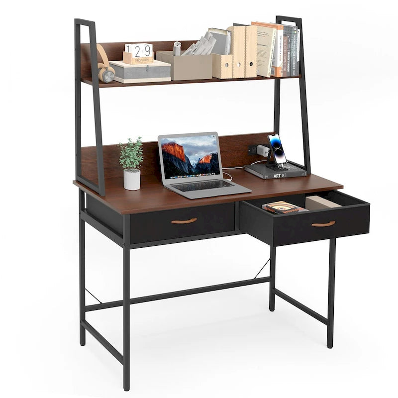 Bureau informatique marron/blanc avec prise de courant, étagère et 2 tiroirs – Simple