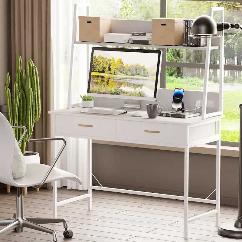 Bureau informatique marron/blanc avec prise de courant, étagère et 2 tiroirs – Simple