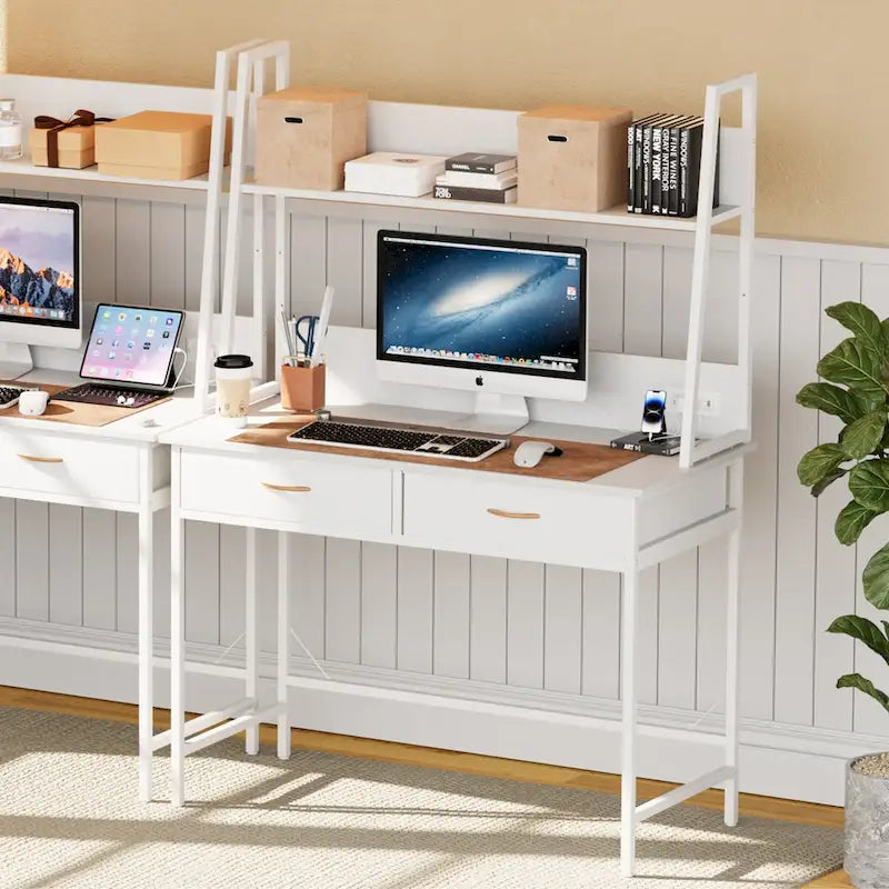 Bureau informatique marron/blanc avec prise de courant, étagère et 2 tiroirs – Simple