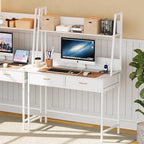 Bureau informatique marron/blanc avec prise de courant, étagère et 2 tiroirs – Simple