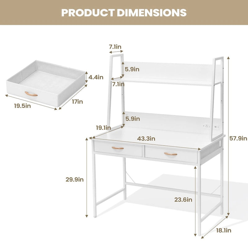 Bureau informatique marron/blanc avec prise de courant, étagère et 2 tiroirs – Simple