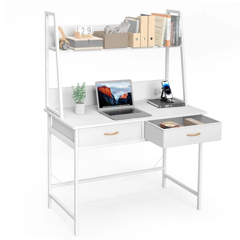 Bureau informatique marron/blanc avec prise de courant, étagère et 2 tiroirs – Simple
