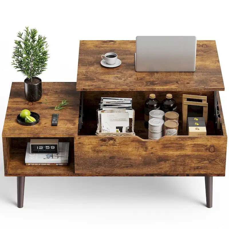 Table basse relevable noire/marron avec rangement dissimulé, 1 à 2 personnes