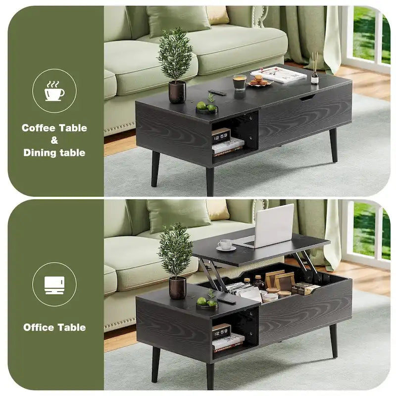 Table basse relevable noire/marron avec rangement dissimulé, 1 à 2 personnes