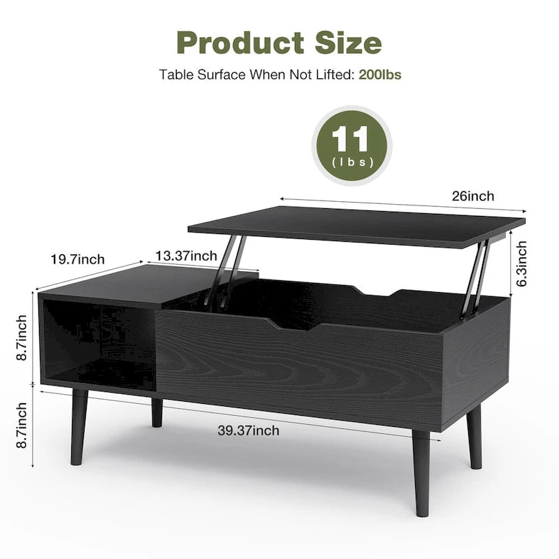 Table basse relevable noire/marron avec rangement dissimulé, 1 à 2 personnes