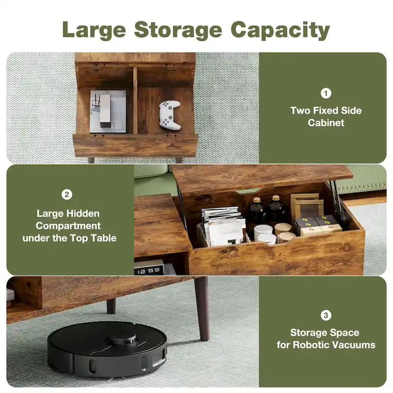 Table basse relevable noire/marron avec rangement dissimulé, 1 à 2 personnes