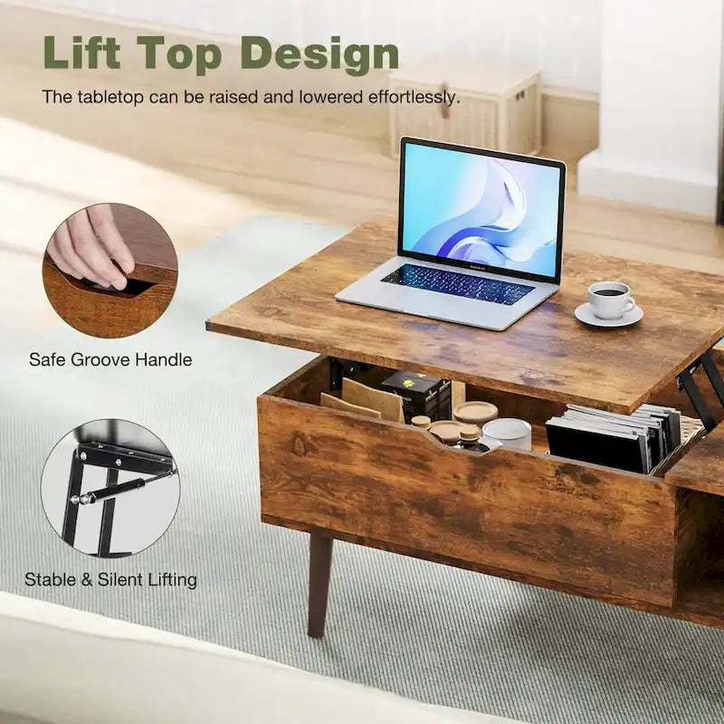Table basse relevable noire/marron avec rangement dissimulé, 1 à 2 personnes