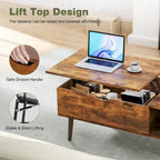 Table basse relevable noire/marron avec rangement dissimulé, 1 à 2 personnes