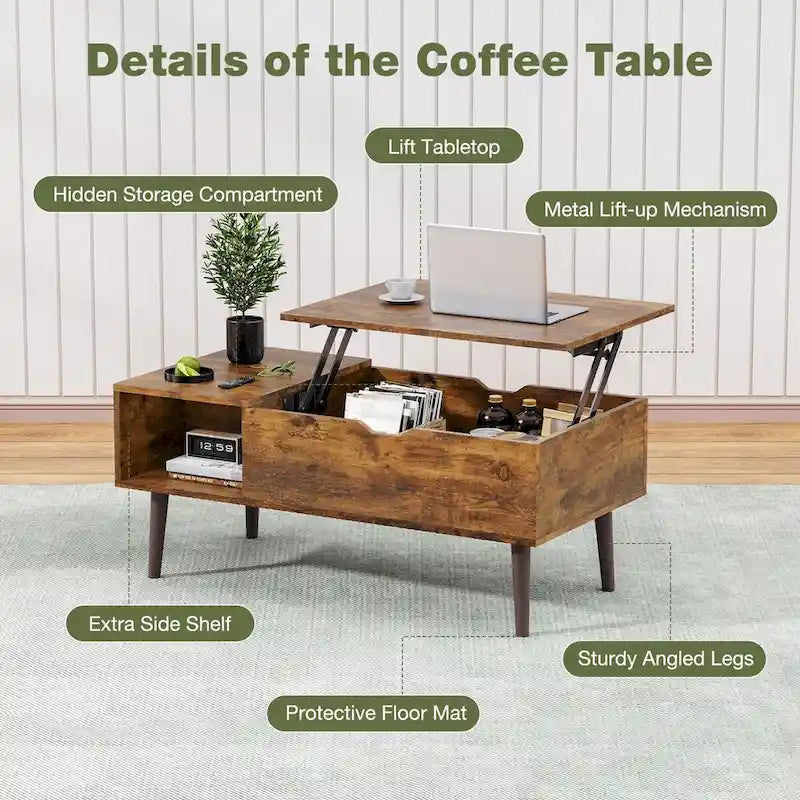Table basse relevable noire/marron avec rangement dissimulé, 1 à 2 personnes