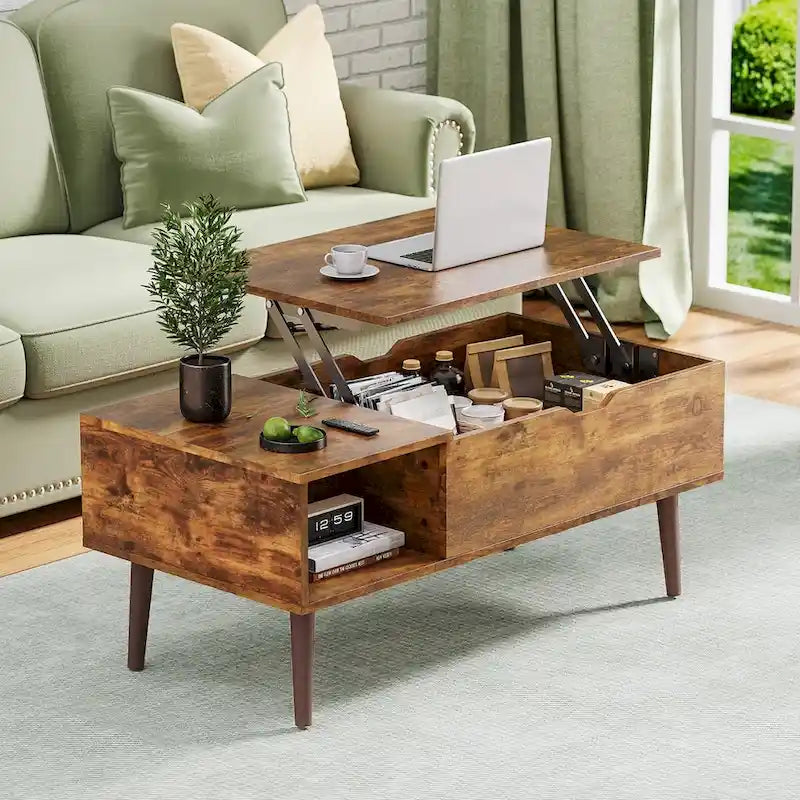 Table basse relevable noire/marron avec rangement dissimulé, 1 à 2 personnes