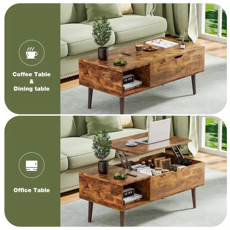 Table basse relevable noire/marron avec rangement dissimulé, 1 à 2 personnes