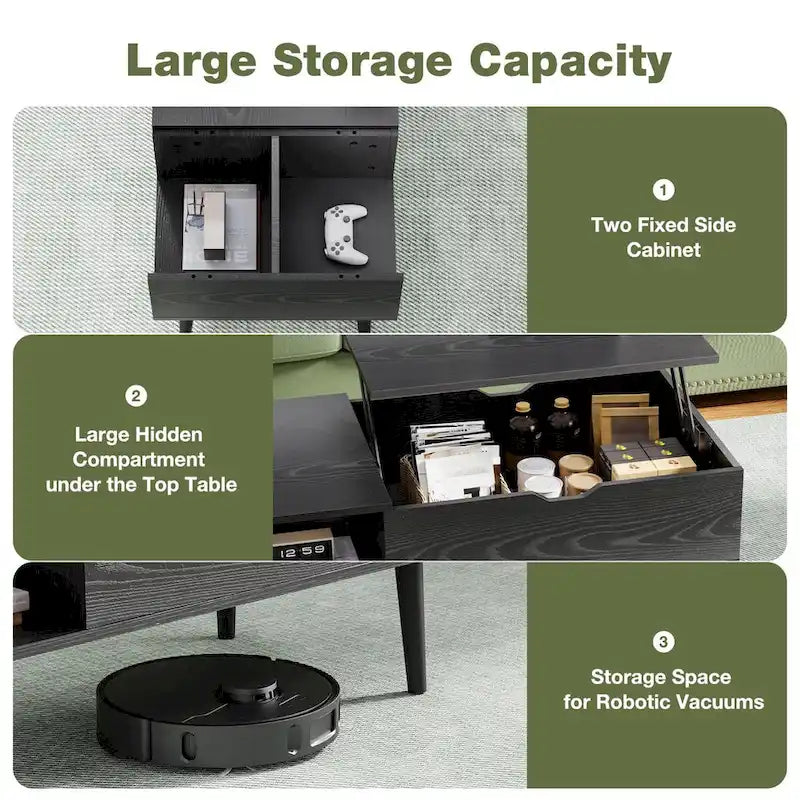 Table basse relevable noire/marron avec rangement dissimulé, 1 à 2 personnes