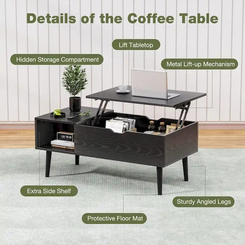 Table basse relevable noire/marron avec rangement dissimulé, 1 à 2 personnes