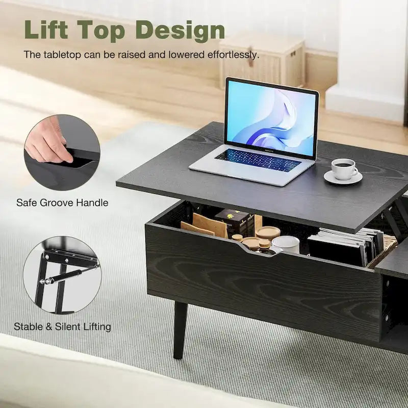 Table basse relevable noire/marron avec rangement dissimulé, 1 à 2 personnes