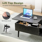 Table basse relevable noire/marron avec rangement dissimulé, 1 à 2 personnes