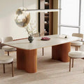 Table à manger rectangulaire en pierre frittée beige et noyer clair et bois massif, 8-10 places