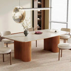 Table à manger rectangulaire en pierre frittée beige et noyer clair et bois massif, 8-10 places