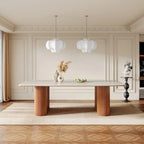 Table à manger rectangulaire en pierre frittée beige et noyer clair et bois massif, 8-10 places