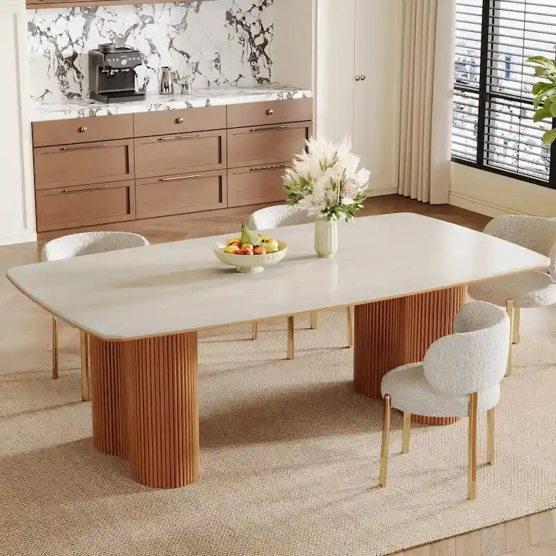 Table à manger rectangulaire en pierre frittée beige et noyer clair et bois massif, 8-10 places
